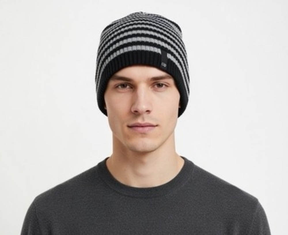 CRP Black Gray Striped Rib Knit Beanie Hat Adult One Size Wool Blend Unisex VG